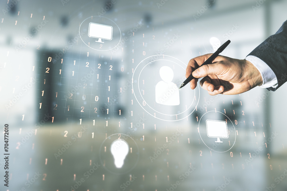 Poster man hand with pen working with abstract virtual social network hologram on blurred office background