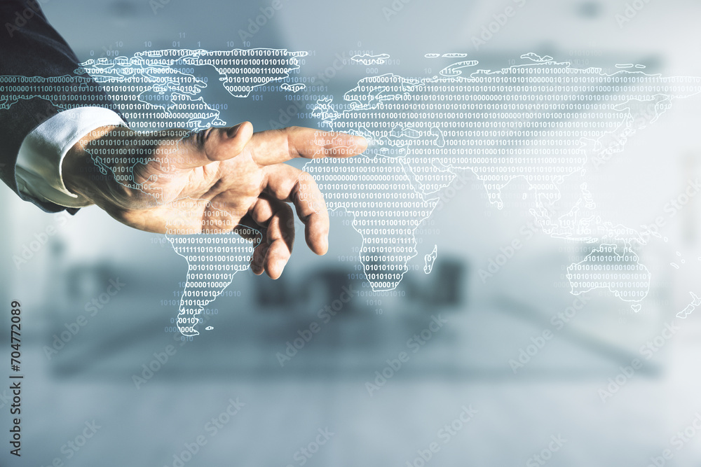 Poster double exposure of man hand working with abstract digital world map hologram on blurred office backg