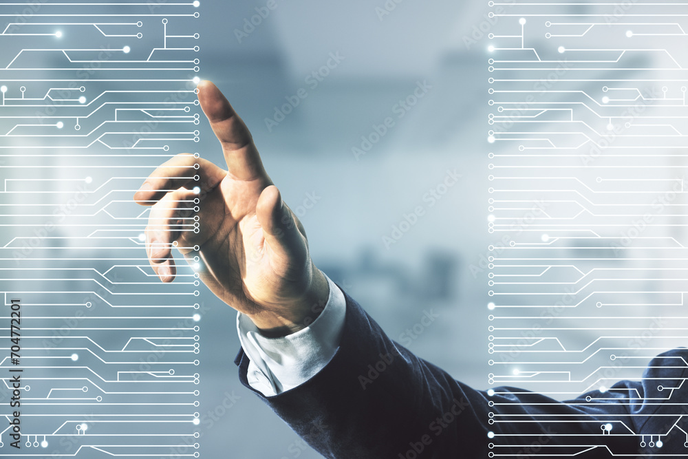 Poster man hand clicks on abstract virtual micro chip hologram on blurred office background, artificial int