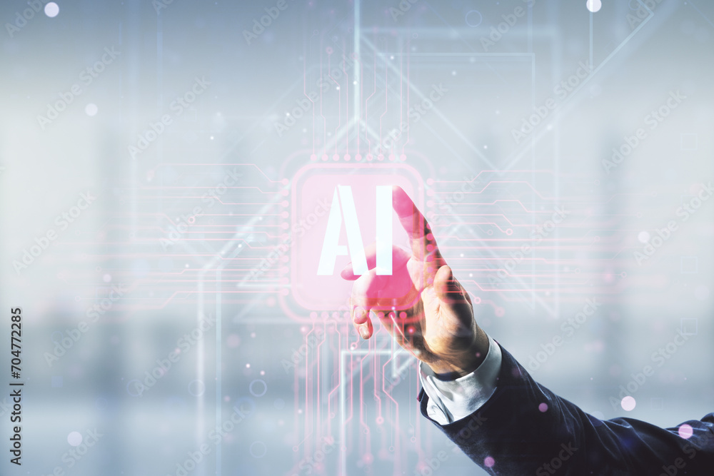 Aufkleber man hand clicks on creative artificial intelligence symbol hologram on blurred office background. do