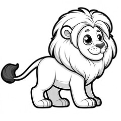 Here is the 2D cartoon-style drawing of a lion in white color on a white background, designed for coloring by kids, shown in a 45-degree angle view.