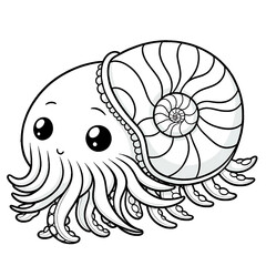 Here is the 2D cartoon-style drawing of a nautilus in white color on a white background, designed for coloring by kids, shown in a 45-degree angle view.