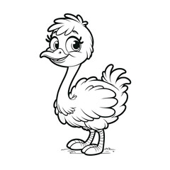Here is the 2D cartoon-style drawing of an ostrich in white color on a white background, designed for coloring by kids, shown in a 45-degree angle view.