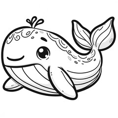 Here is the 2D cartoon-style drawing of a whale in white color on a white background, designed for coloring by kids, shown in a 45-degree angle view.