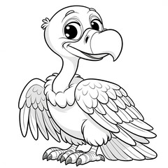 Here is the 2D cartoon-style drawing of a vulture in white color on a white background, designed for coloring by kids, shown in a 45-degree angle view.
