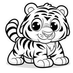 Here is another 2D cartoon-style drawing of a tiger in white color on a white background, designed for coloring by kids, shown in a 45-degree angle view.