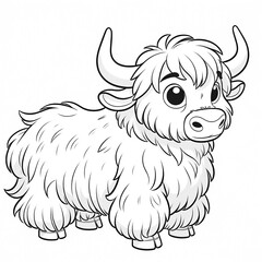Here is another 2D cartoon-style drawing of a yak in white color on a white background, designed for coloring by kids, shown in a 45-degree angle view.