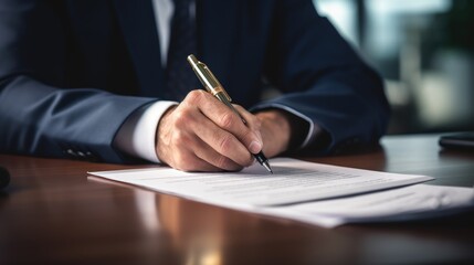 Businessman signing a contract document paper close-up. Generative ai
