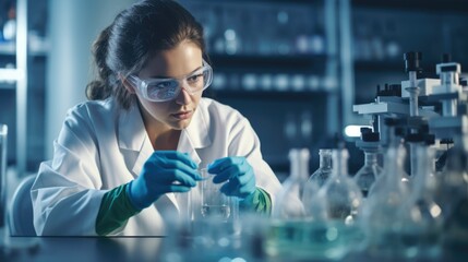 Female Microbiologist in sterile clothing and safety equipment, Female scientist working in a laboratory wearing safety goggles and gloves. Generative ai