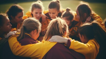 Teenage female football team players huddle, pre-game team talk discussion, Generative ai