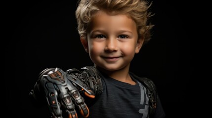 The little boy proudly shows his prosthetic bionic hand. Generative ai