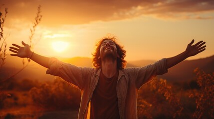 Carefree man spreads his arms wide facing back to the sunset. Generative ai