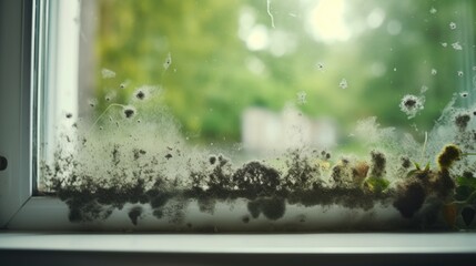 Black mold fungus growing on a glass window. Generative ai