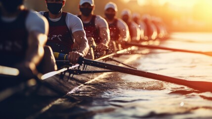 Men's rowing team in action morning on the river. Generative ai - obrazy, fototapety, plakaty