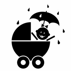 Stroller with umbrella, black icon, baby girl in rain, vector illustration, black silhouette