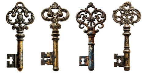 Set of vintage golden keys isolated transparent background. PNG collection