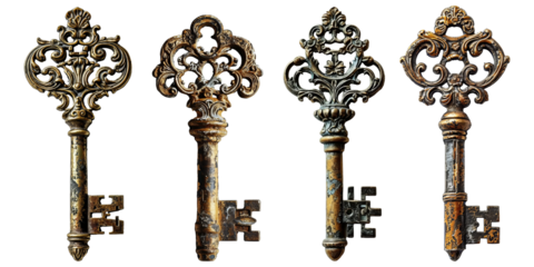 Set of vintage golden keys isolated transparent background. PNG collection
