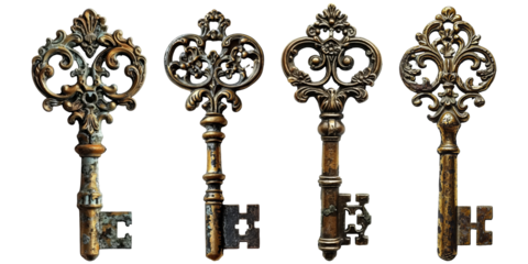 Set of vintage golden keys isolated transparent background. PNG collection