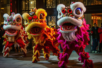 Lion dance during Chinese New Year celebration.  perform a traditional lion dance 
