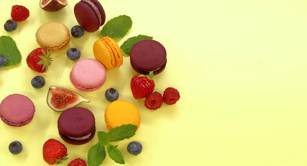 Vibrant scene of a table filled with macaroons and fruits