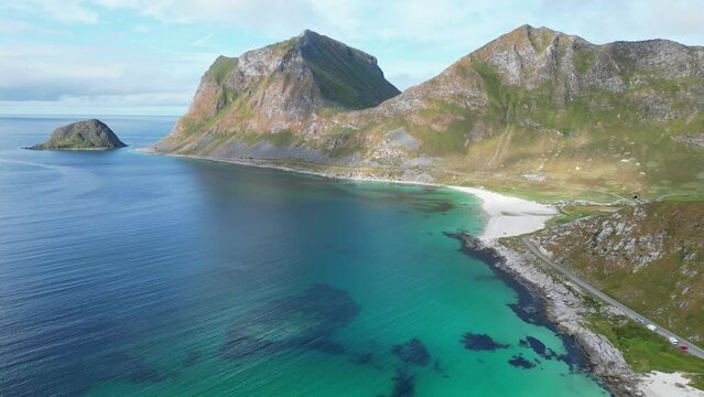 Lofoten Islands Haukland Beach and Coastline at Summer in Norway - Aerial 4k