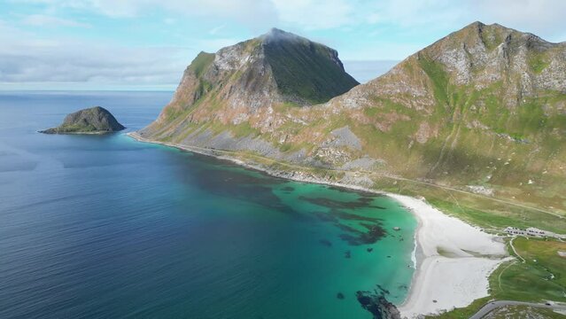 Lofoten Islands Haukland Beach at Summer in Norway - Aerial 4k