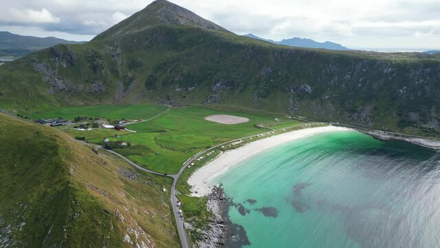 Vik Beach in Lofoten Island, Norway - Aerial 4k Tilting Down