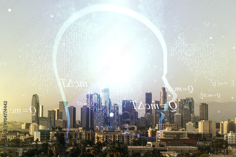 Aufkleber abstract virtual artificial intelligence concept with human head sketch on los angeles cityscape bac