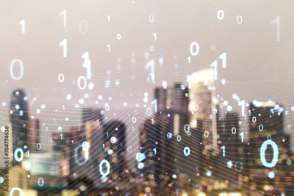 Leinwandbilder abstract virtual binary code illustration on blurry skyline background. big data and coding concept.