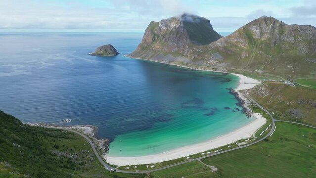 Lofoten Islands Vik Beach and Haukland Beach at Summer in Norway - Aerial 4k Circling
