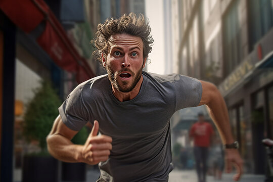 Generative AI Image of a Dashing Man Running Fast on a City Street