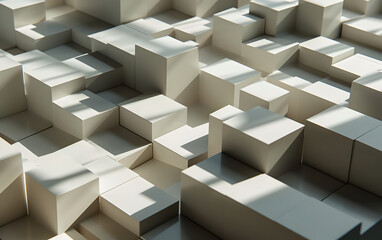 White Cubes in 3D City with Abstract Geometric Wallpaper