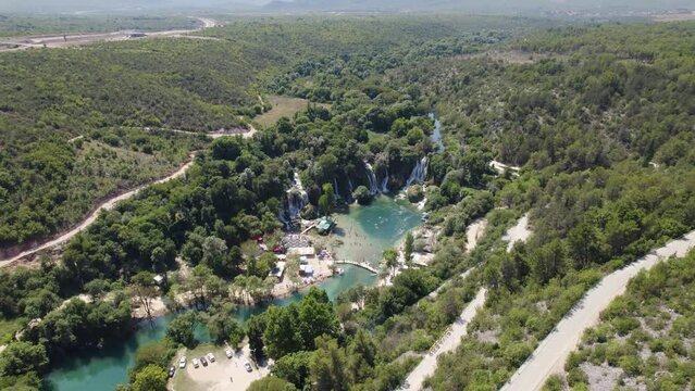 Establishing aerial view of wonderful Kravica Waterfall, Bosnia and Herzegovina