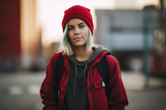 young beautiful hipster woman in red coat and red hat in the city