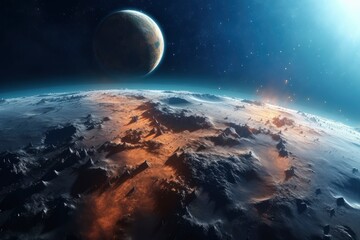 Majestic alien landscape with a looming planet, capturing the imagination for space themes and otherworldly exploration