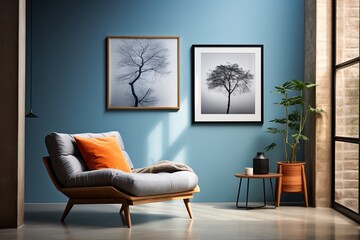 Blue room with sofa and tree paintings - obrazy, fototapety, plakaty
