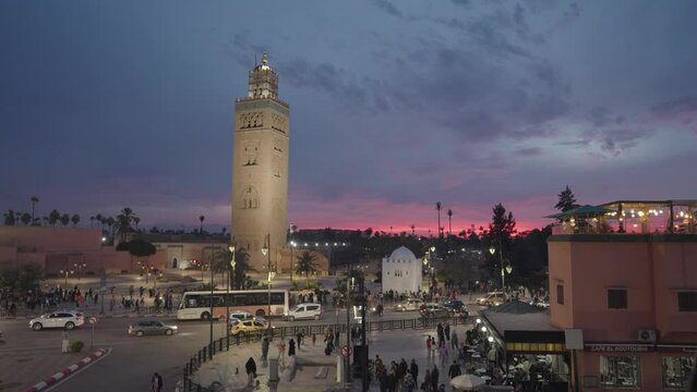 Medina Marrakesh, Morocco Old Town Cityscape and Minaret de la Koutoubia during Sunset