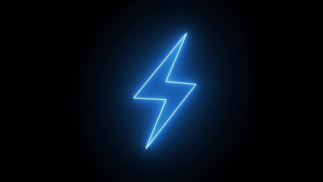 Blue color neon lightning bolt, glowing sign. Abstract neon battery charging icon illustration 4k on black background