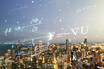 Abstract scientific formula hologram on Chicago skyline background. Multiexposure