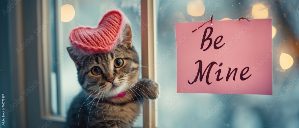 Poster a cat sitting on a window sill next to a sign with a knitted hat on top of it.