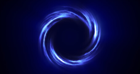 Looped twirl circle of stripes and lines of bright blue beautiful magical energy glowing neon, round frame. Abstract background