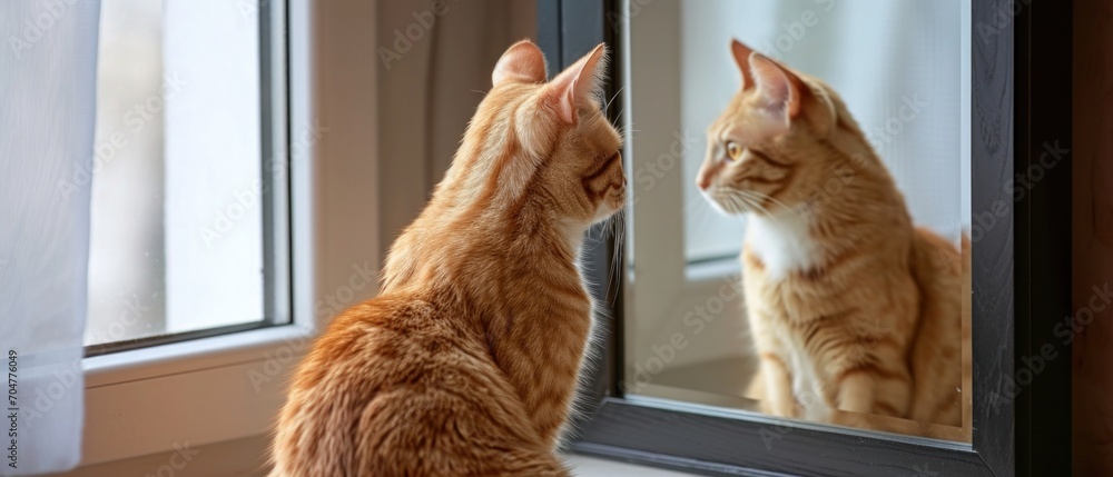 Poster a cat looking at itself in a mirror with the reflection of it's reflection in it's reflection.