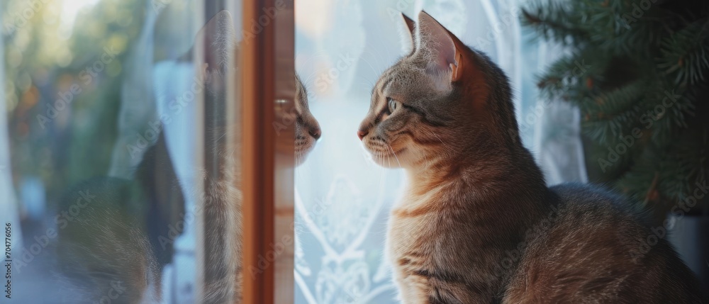 Poster a cat sitting on a window sill looking at another cat through a glass window with a pine tree in the
