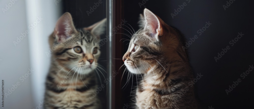 Poster a close up of a cat looking in a mirror with it's face in it's own reflection.