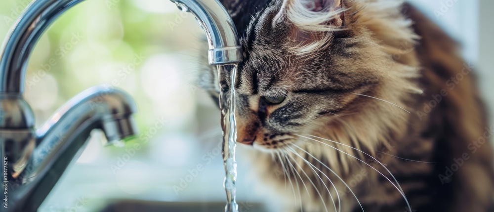Poster a cat drinking water from a faucet that is running out of it's faucet in front of a window.