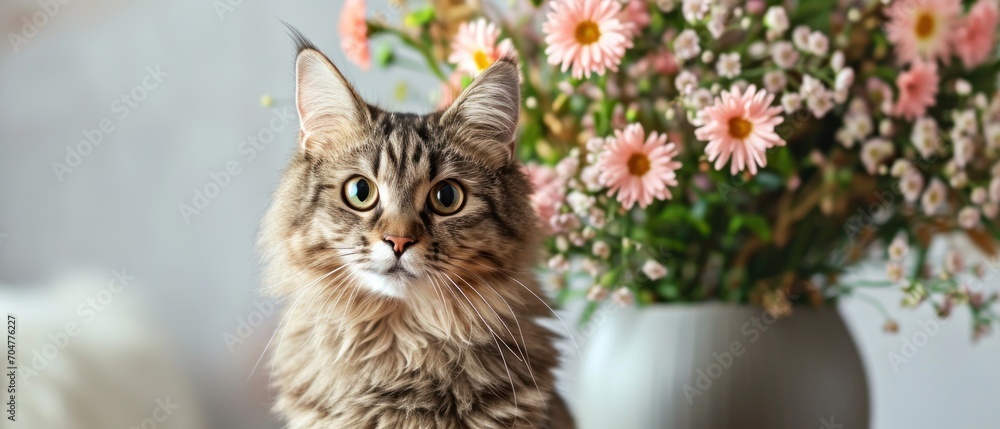 Poster a close up of a cat next to a vase with flowers in it and a cat staring at the camera.