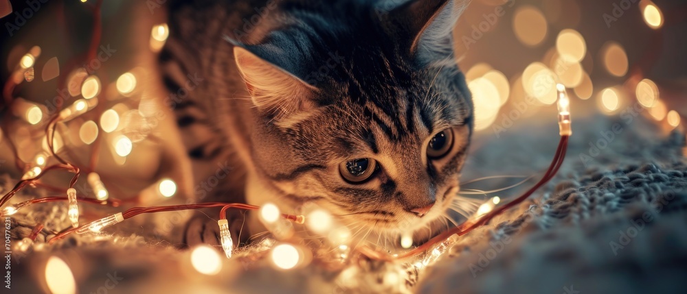 Poster a cat that is standing on a carpet with some lights on it's head and a string of lights in front of 