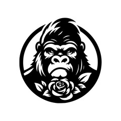 Vector logo of a raging gorilla. Professional logo of a chimpanzee. Black and white logo of an ape isolated on white background.