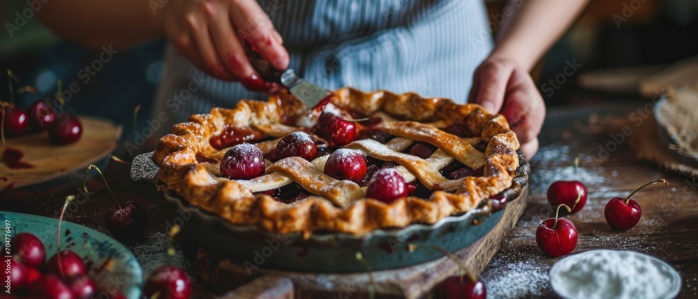 Poster a close up of a pie on a table with cherries around it and a person cutting it with a knife.
