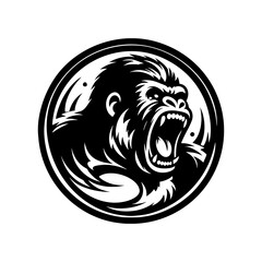 Vector logo of a raging gorilla. Professional logo of a chimpanzee. Black and white logo of an ape isolated on white background.